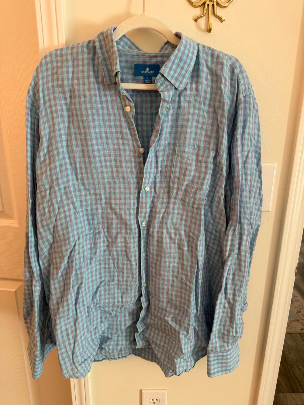 Blue and lavender linen check button down